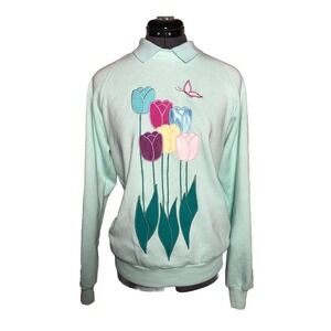 Vtg 90s Granny Sweatshirt Just Ducky Pastel Tulip Butterfly Cottagecore Floral M